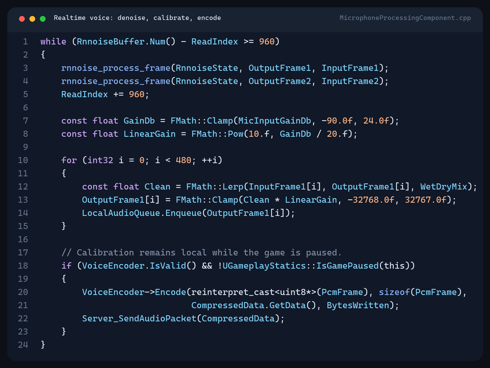 C plus plus code showing RNNoise frame processing, microphone input gain, local metering, voice encoding, and network transmission